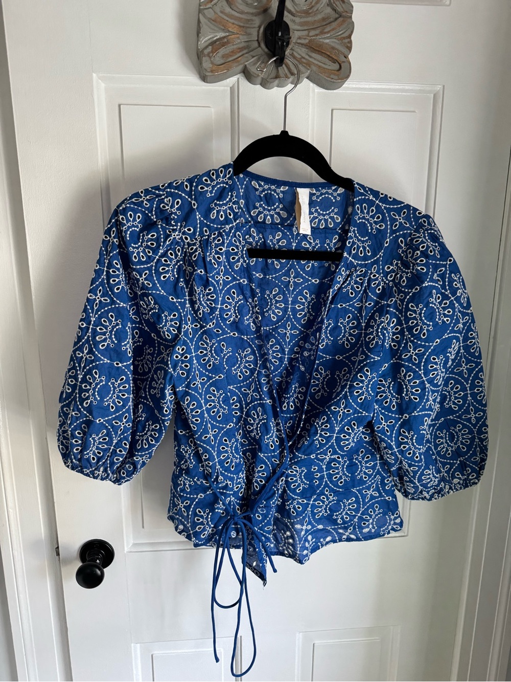 Mango Blue Printed Wrap Blouse with Tie Front and Puff Sleeves
